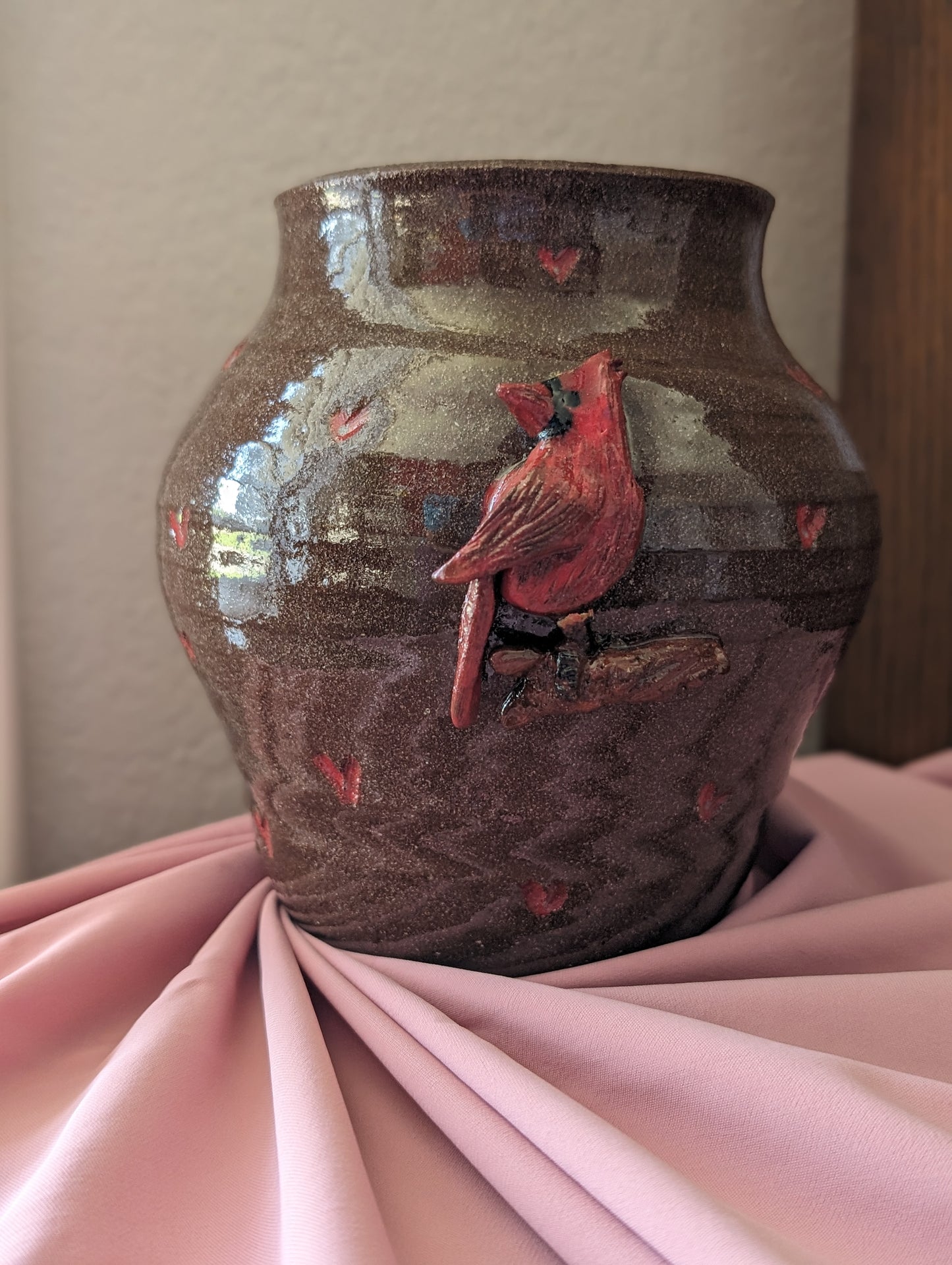 Enchanted Heart: Handcrafted Cardinal Vase Captures Spring's Majesty