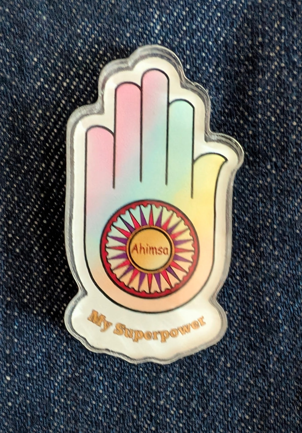 Ahimsa Hand Enamel Pin - jainism themed pins available at Divine Tales for Kids store